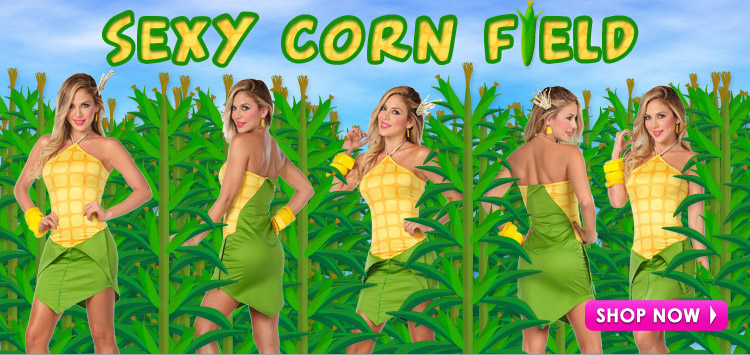 The Yandy exclusive, Sexy Corn costume features a high front halter dress with patterned print, green leaf peplum and pointed hemline.