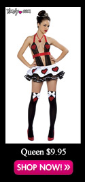 The four-piece Sexy Wonderland Queen lingerie costume includes a circle skirt with heart appliques, ribbon tie, glistening jeweled crown and halter top with attached panty edged with red scalloped elastic trim and heart appliques.