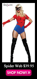 She weaves and wrangles a tangled web. The three-piece, Tangled Web costume includes a blue and red, microfiber, boyshort cut bodysuit with short sleeves, spider web print design with three spider detail, matching black eye mask and elbow length gloves.