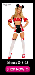 The four-piece Pinup Mouse costume includes a red and white polka dot print, strapless bra top, high waisted mini shorts with attached suspenders, matching puff sleeves and mouse ears.