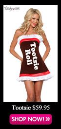 Limited edition. Found exclusively at Yandy! This Yandy exclusive, Sexy Tootsie Roll costume includes a tube-style mini dress with Tootsie Roll print, white ruffle trim and hem detail and a tie back.