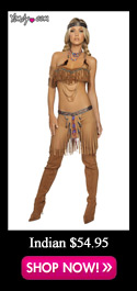 The five-piece Cherokee Warrior costume includes a beaded, cropped, tube top with fringe and tie back, fringe arm bands, headband with attached feathers, fringed hot shorts with beads.