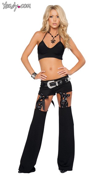 Chap Set with Lace-Up Detail and Attached Rhinestone Belt