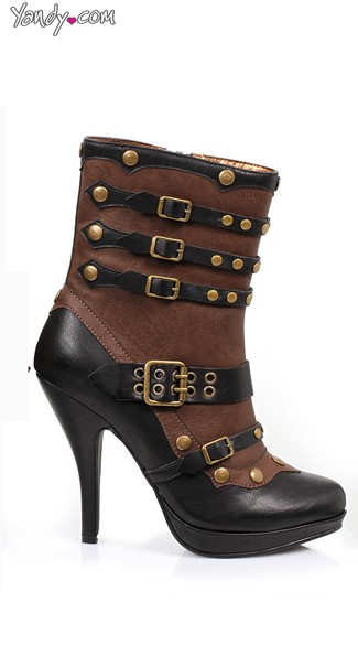 4 Inch Steam Punk Bootie, Brown Buckle Bootie