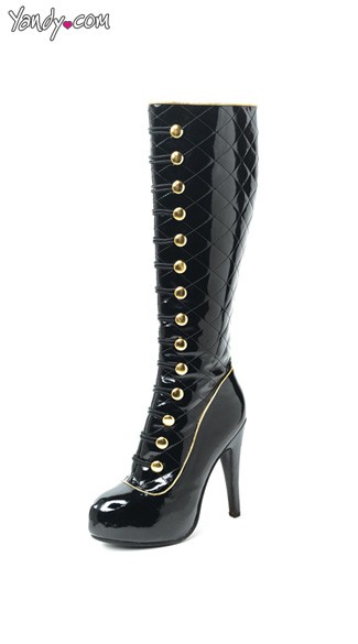 Uptown Quilted Boot, Patent Leather Knee High Boot, Gold Button Boots