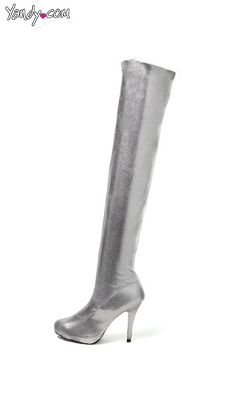 thigh high metallic silver boots