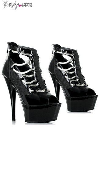 Open Toe Booties With Metal Lacing, Black Peep Toe Booties
