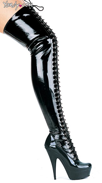 Black Wet Look Lace Up Thigh High Boots, Boots with a 6 Inch Heel