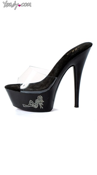 Black Mules with Rhinestone Girl, Black High Heels with Rhinestone Applique