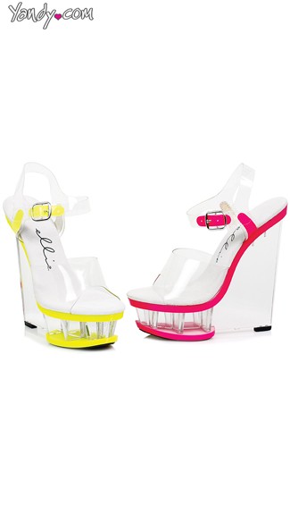 6\" Clear And Neon Wedges With Ankle Strap, Clear Wedge Sandals