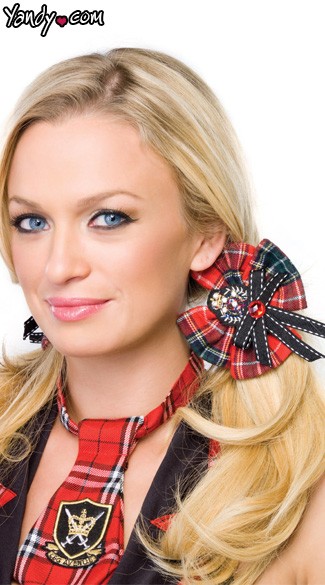 School Girl Hair Bows, Plaid School Girl Hair Bows With Crest Applique