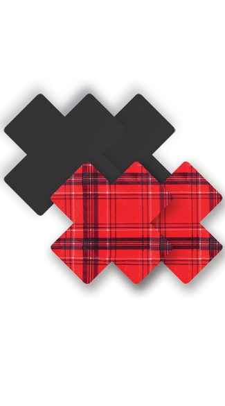 Save the Queen Plaid Cross Pasties, Red Plaid Pasties, Cross Shaped Pasties