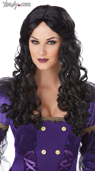 Black Renaissance Wig, Long Curled Black Wig, Curly Black Wig