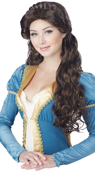 Brunette Medieval Beauty Wig, Long Curly Wig, Brunette Curly Wig