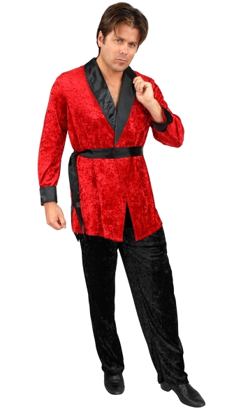 Ladies Man Velvet Smoking Jacket Costume, Hugh Hefner Costume, Red and Black Hugh Hefner Costume