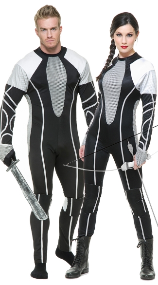 Survivor Jumpsuit Couples Costume, Men\'s Survivor Jumpsuit Costume, Men\'s Hunger Games Costume, Men\'s Districts Costume, Survivor Jumpsuit Costume, Female Tribute District Costume, Silver and Black Tribute Costume