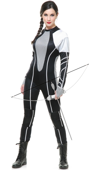 Survivor Jumpsuit Costume, Female Tribute District Costume, Silver and Black Tribute Costume