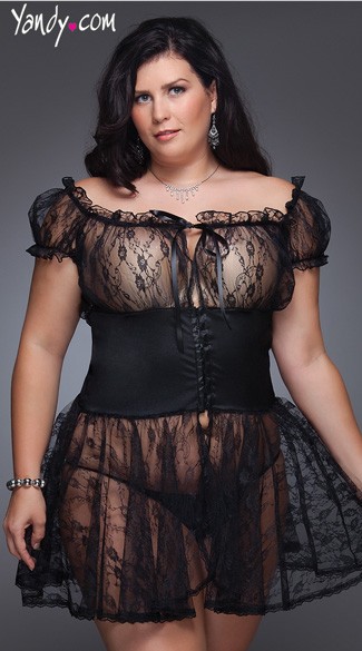Plus Size Lace Babydoll Set, Plus Size Black Lace Babydoll and G String, Plus Size Lingerie Sets for Women