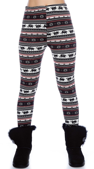 Black and Red Nordic Pattern Leggings, Winter Leggings, Leggings with Snowflakes
