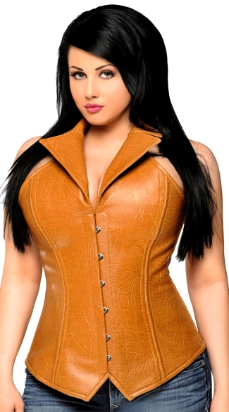 Steel Boned Faux Leather Collared Corset Top, Faux Leather Corset Top, Faux Leather Collared Corset