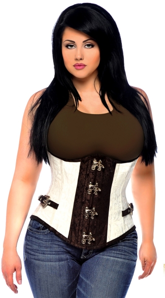 Plus Size White and Black Underbust Corset with Buckles, Plus Size Buckled Underbust Corset, Plus Size White and Black Underbust Corset