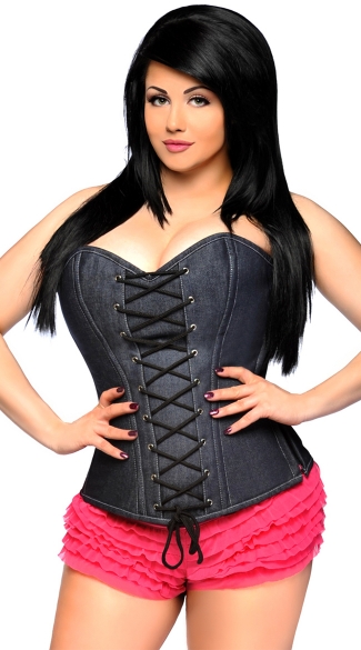 Plus Size Denim Steel Boned Corset, Plus Size Denim Lace-Up Corset, Plus Size Denim Corset