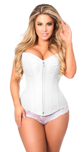 Plus Size White Brocade Steel Boned Corset, Plus Size White Zipper Corset, Plus Size White Steel Boned Corset