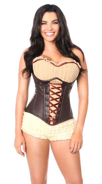 Faux Leather Steel Boned Ren Faire Corset, Brown Faux Leather Corset, Ren Faire Steel Boned Corset