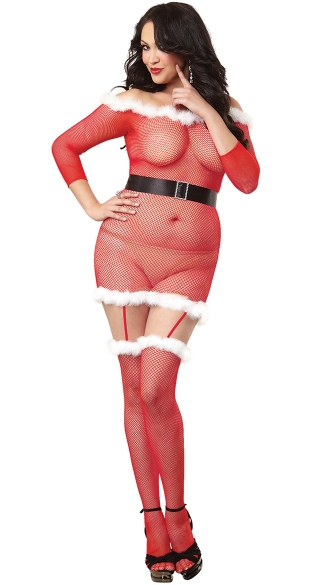 Plus Size Santa Fishnet Dress, Sexy Plus Size Christmas Lingerie, Sexy Santa Costume
