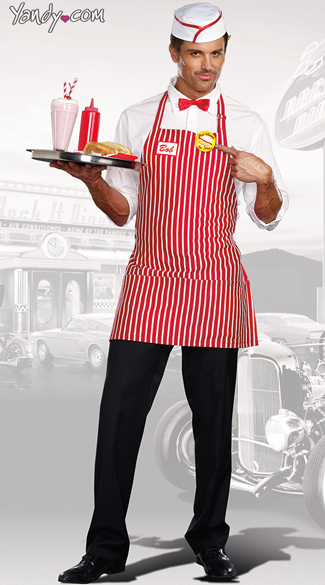 Diner Dude Costume, Red and White Diner Costume, Men\'s Waiter Costume