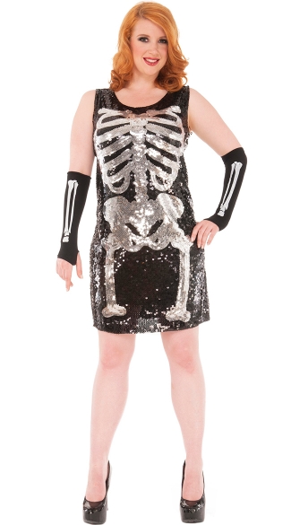Plus Size Party Skeleton Costume, Plus Size Sexy Sequin Skeleton Halloween Costume, Plus Size Skeleton Dress Costume