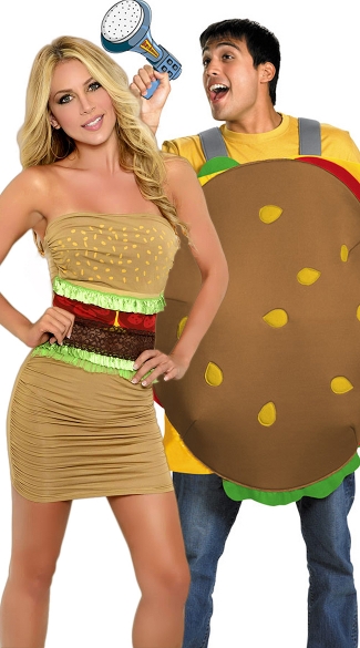 Hamburger Hotties Couples Costume, Cute Hamburgers Couples Costume, Sexy Hamburger Couples Costume, Exclusive Hamburger Costumes, Funny Food Couples Costume