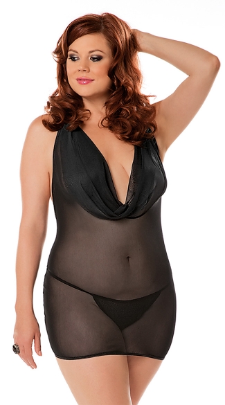 Plus Size Mesh Cowl Neck Dress, Plus Size Drape Dress, Plus Size Draped Dress