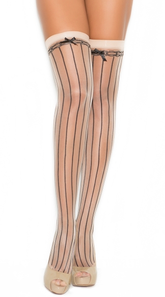 Satin Bow Pinstriped Thigh High Stockings, Pinstripe Pantyhose, Bow Thigh Highs