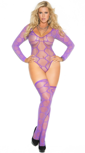 Plus Size Hexagon Teddy with Matching Stockings, Plus Size Sheer Teddy with Stockings, Plus Size Purple Teddy