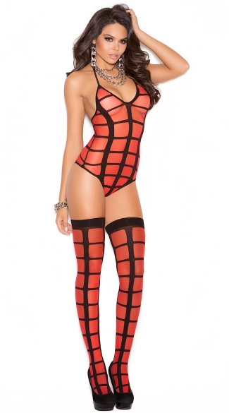 Sheer Striped Teddy with Matching Stockings, Red and Black Teddy with Thigh Highs, Teddy and Thigh Highs