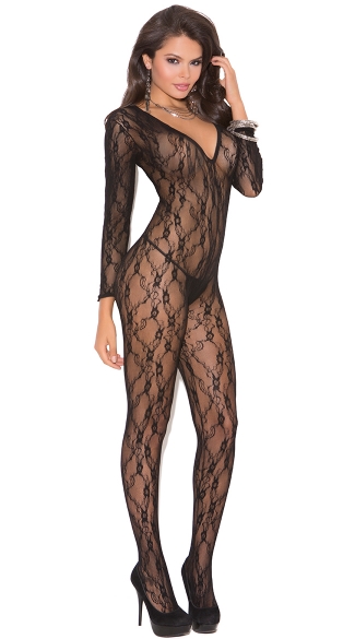 Deep V lace pattern sexy long sleeve bodystocking with open crotch.