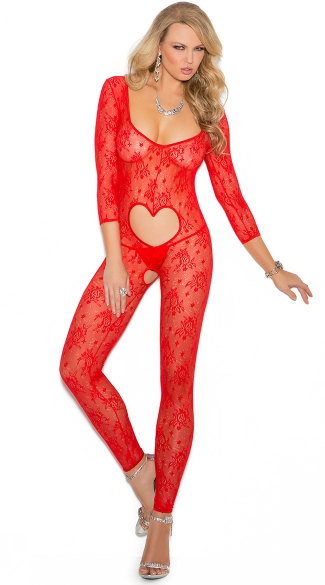 Footless Lace Bodystocking, Heart Bodystocking, Red Bodystocking