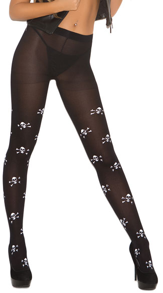 Opaque Skull Pantyhose, Skull Print Costume Stockings