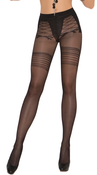 Faux Lace Up Sheer Pantyhose, Sexy Sheer Patterned Pantyhose