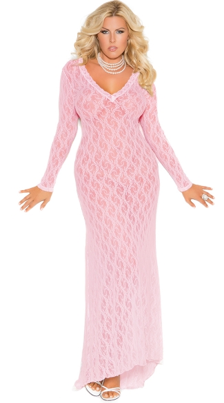 Plus Size Elegant Long Sleeve Lacy Gown, Plus Size Floor Length Nightgown, Plus Size Sexy Sheer Nightie