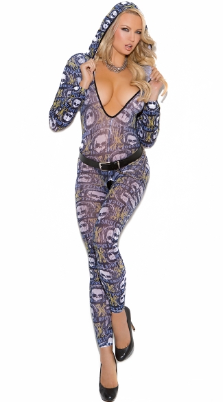Hooded Skull Bodystocking, Skull Print Body Stocking