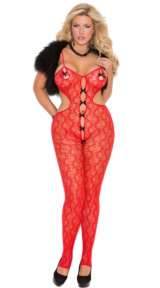Plus Size Red Lace Bodystocking, Plus Size Red Bodystocking