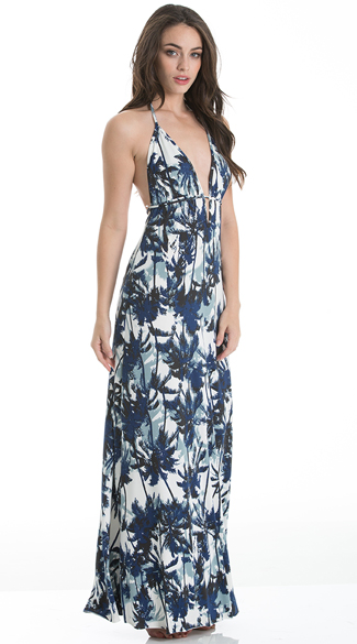 tropical palm v neck maxi dress navy