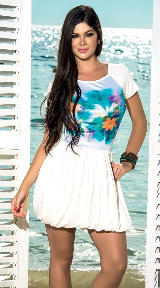 Tropical T-Shirt Dress with Sexy Back Cutout, White T-Shirt Dress, Casual Summer Dresses