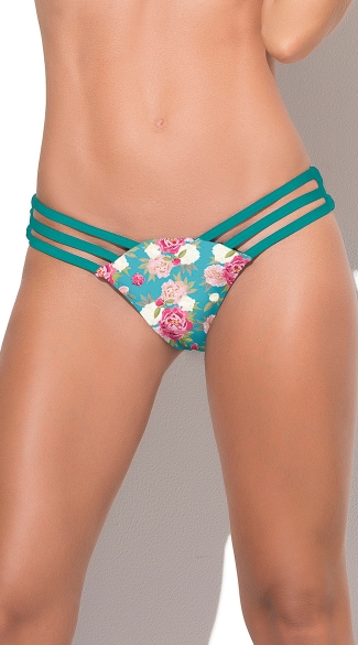 Strappy Floral Bikini Bottom, Blue Flower Bathing Suit Bottom