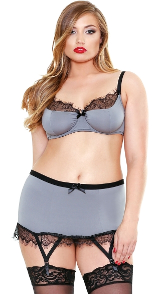 Plus Size Microfiber and Lace Bra Top Set, Plus Size Sexy Bra Top Lingerie, Plus Size Bra Garter and G-String Set