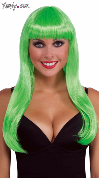 Long Neon Green Wig, Bright Green Wig, Green Wig With Bangs
