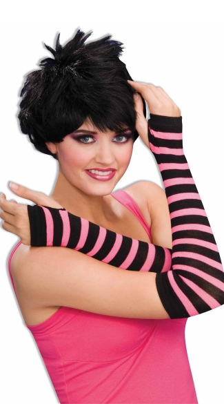 Black And Pink Striped Fingerless Gloves