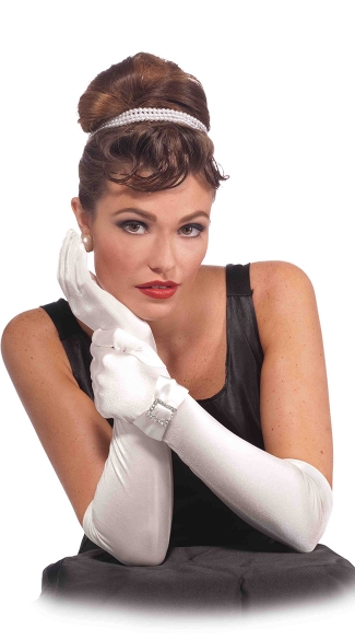 White Satin Gloves with Rhinestone Buckle, Long White Gloves